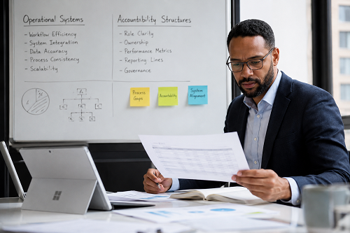 Consultant reviewing operational systems and accountability structures