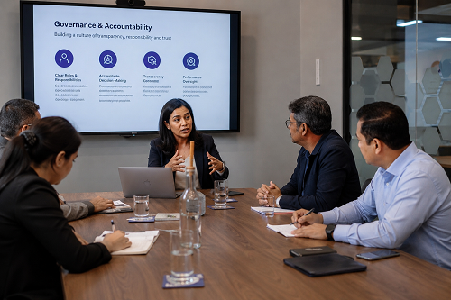 Consultant discussing governance and accountability with SME leadership