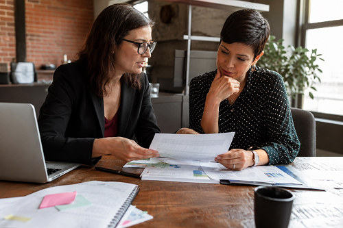 Small business consultant reviewing organisational systems with founder