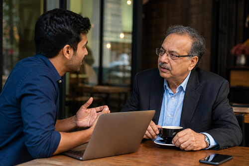 Entrepreneur speaking with experienced business mentor
