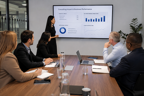 Leadership team reviewing consulting impact and business performance