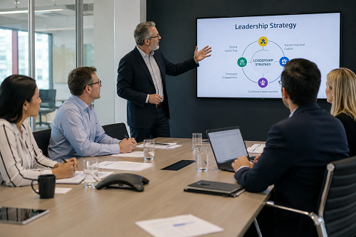 Business advisor discussing leadership strategy with executive team