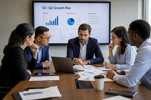 Strategic advisor reviewing business growth plans with leadership team
