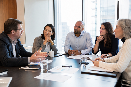 Leadership team discussing strategic priorities with advisor