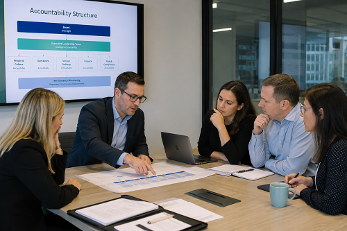 Governance advisor reviewing accountability structures with leadership team
