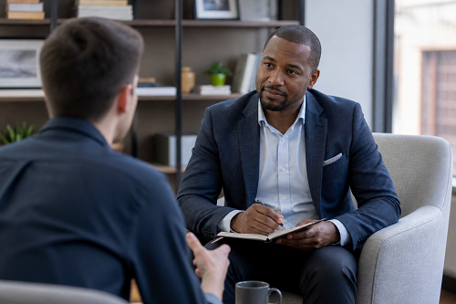 SME owner discussing leadership challenges during coaching session
