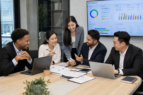 Team reviewing KPIs and performance metrics