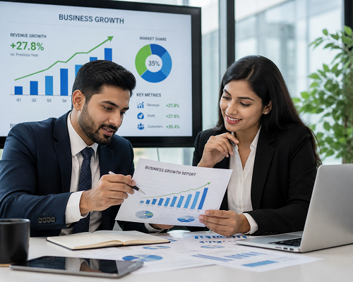 SME owner analysing business decisions and financial data