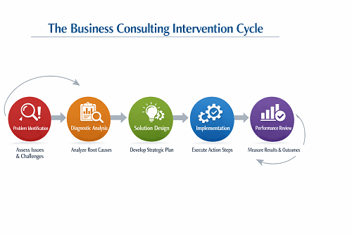 Diagram illustrating the structured business consulting process from problem diagnosis to performance review