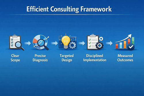 Framework diagram showing the stages of efficient business consulting from scope definition to measured outcomes