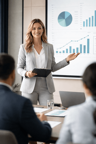 Senior executive delivering confident board presentation demonstrating executive presence