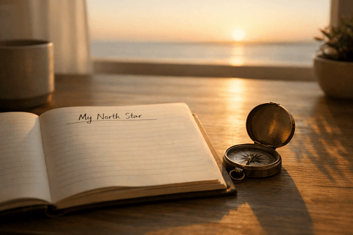 Notebook and compass on a desk in a sunset background 