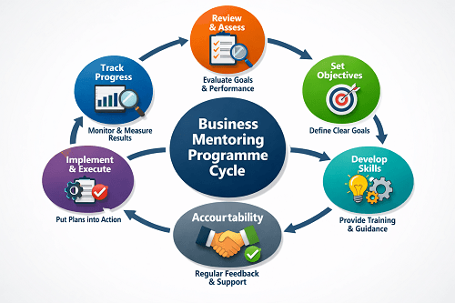 Diagram showing structured business mentoring programme cycle from review to accountability