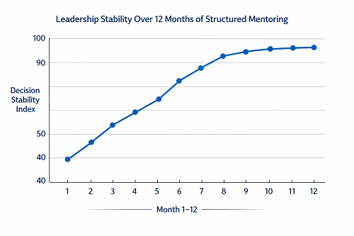 Line graph illustrating improvement in leadership stability over 12 months of structured business mentoring